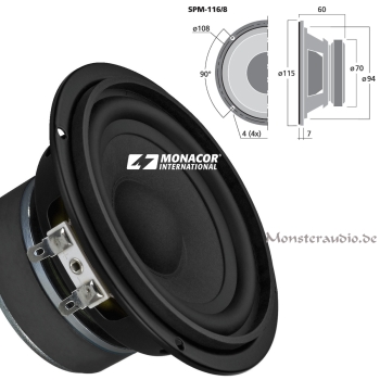 Monacor SPM-116/8 Hi-Fi-Tiefmitteltöner 40 Watt 8 Ω Ohm 11,5cm